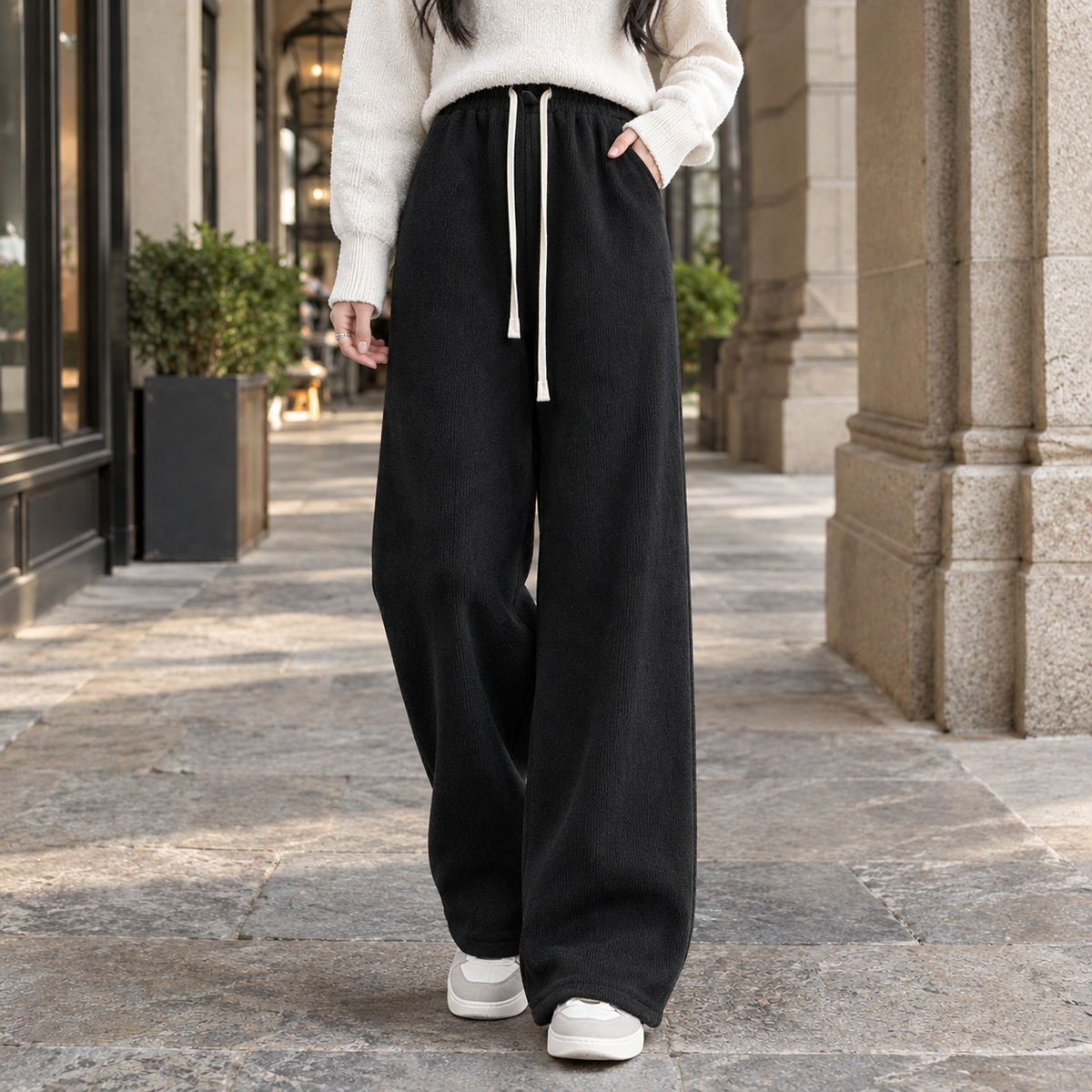Lavisa - Modesty Women's Fleece Lined Ribbed Wide Leg Pants
