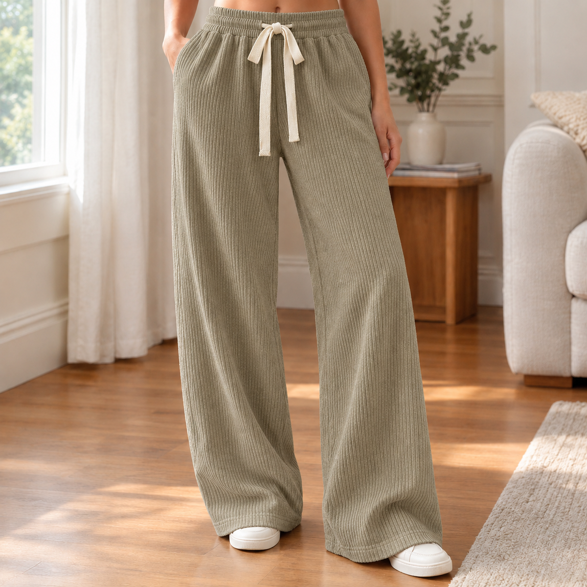 Lavisa - Women's Ribbed Wide Leg Pants - Elastic Drawstring Waist