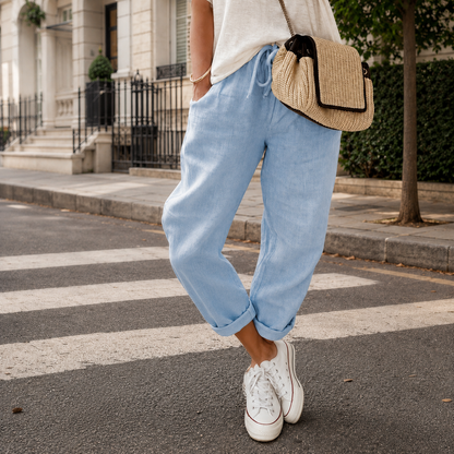 Lavisa - Women's Relaxed Tapered Pants - Linen Blend Drawstring Waist
