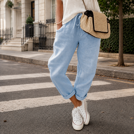 Lavisa - Women's Relaxed Tapered Pants - Linen Blend Drawstring Waist