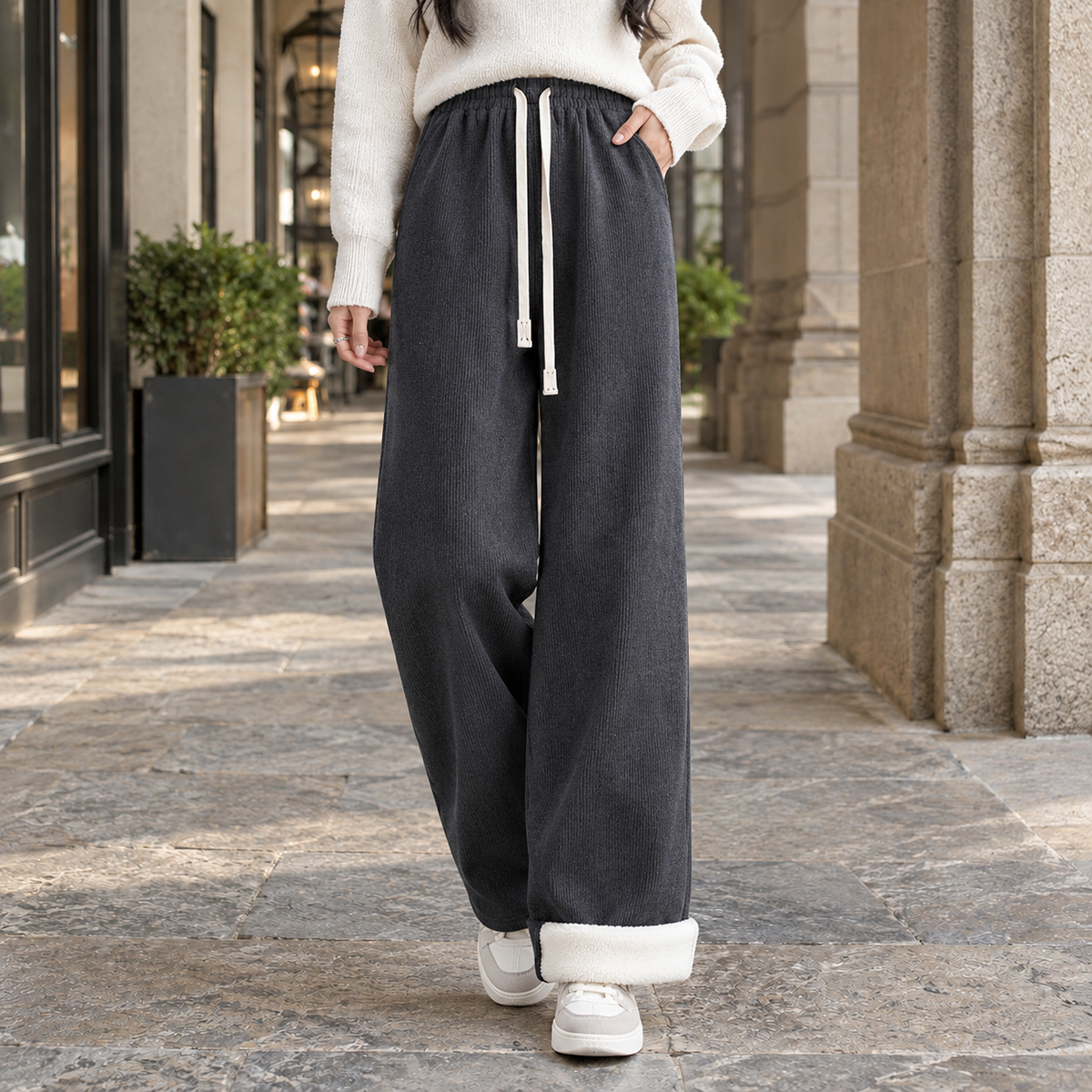 Lavisa - Modesty Women's Fleece Lined Ribbed Wide Leg Pants
