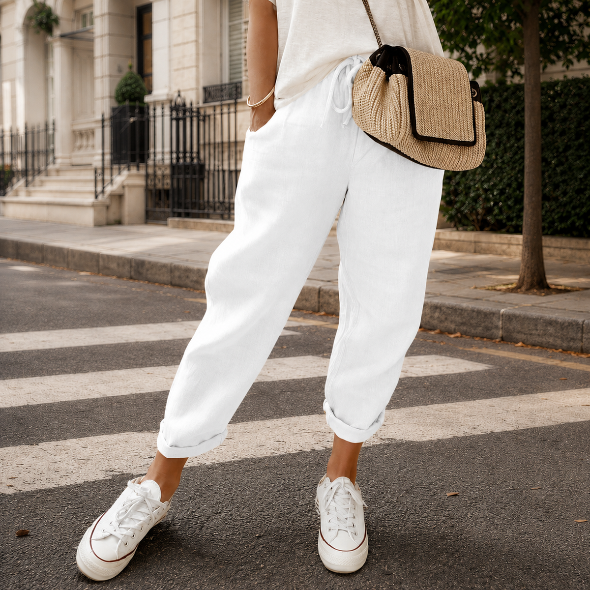 Lavisa - Women's Relaxed Tapered Pants - Linen Blend Drawstring Waist