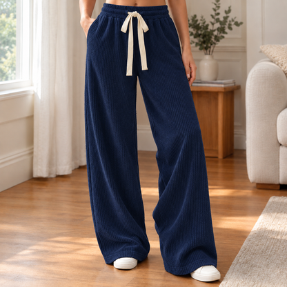 Lavisa - Women's Ribbed Wide Leg Pants - Elastic Drawstring Waist