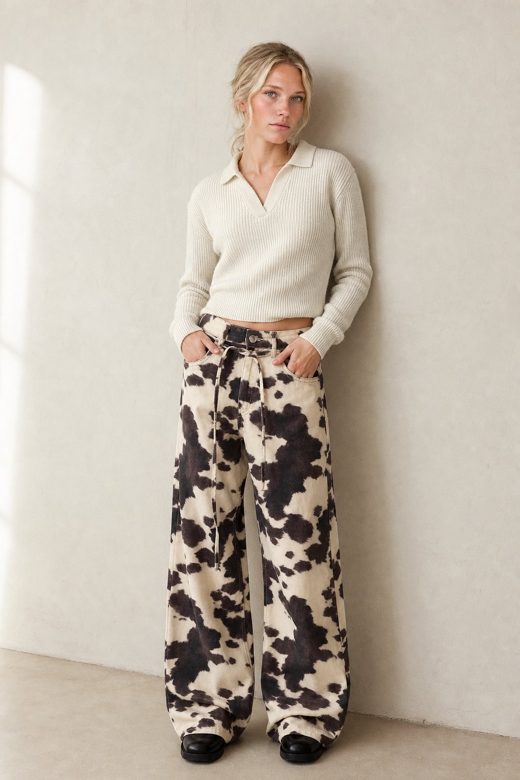 Lavisa - High Stretch Cow Print Wide Leg Denim Jeans