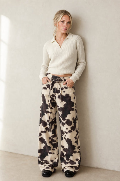 Lavisa - High Stretch Cow Print Wide Leg Denim Jeans