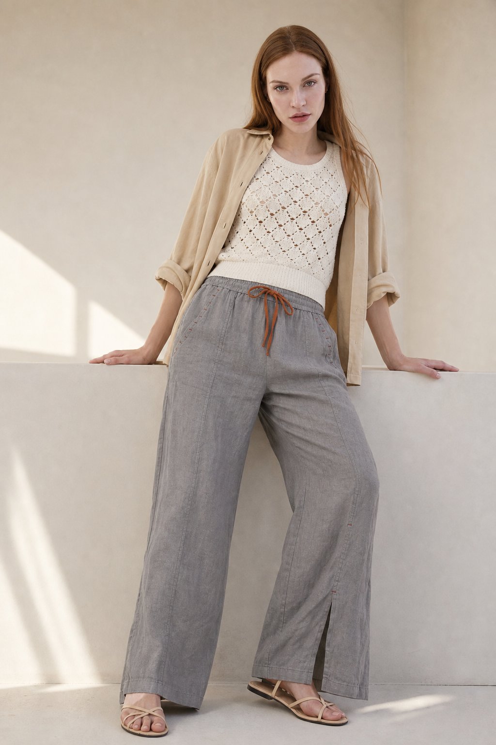 Lavisa - Drawstring Wide Leg Linen Blend Pants
