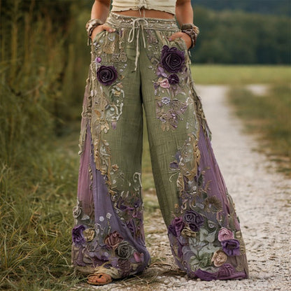 Lavisa - Floral Embroidered Wide Leg Drawstring Pants
