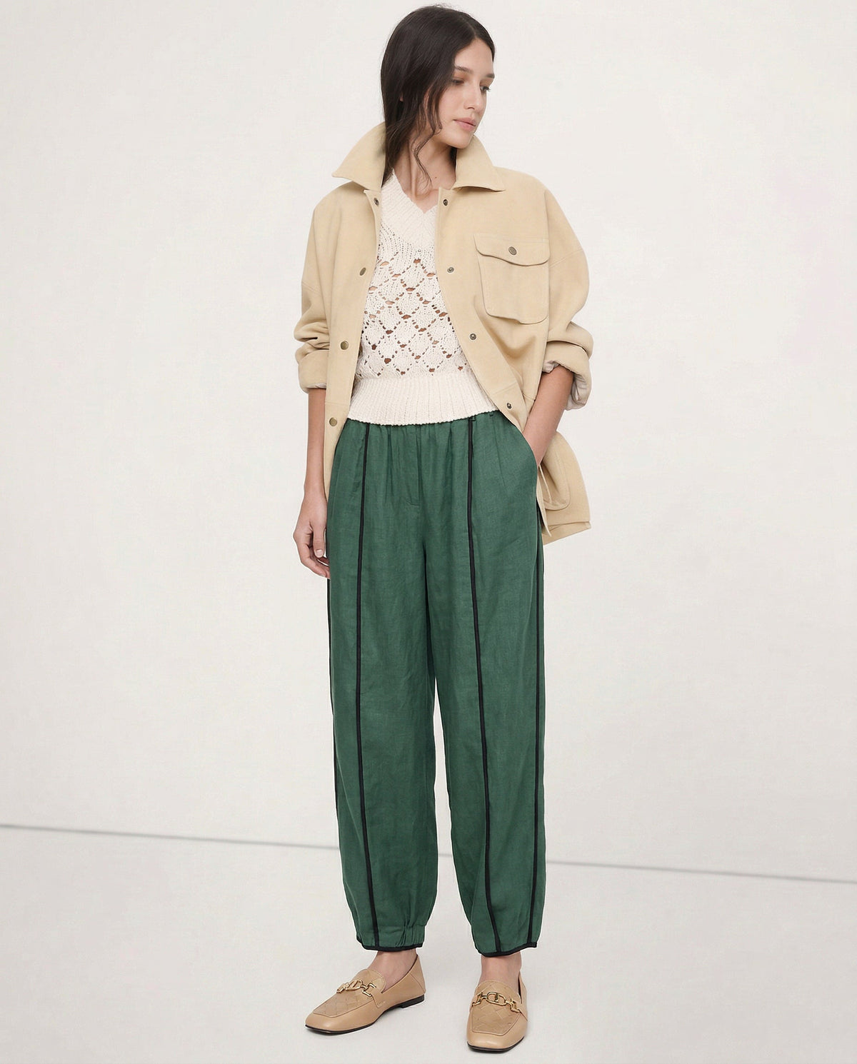 Lavisa - Green Stripe Linen Wide Leg Pants