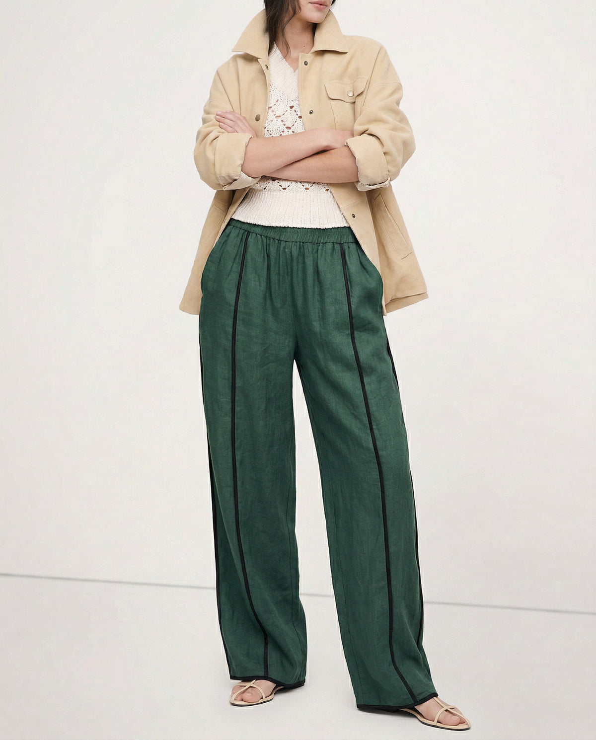 Lavisa - Green Stripe Linen Wide Leg Pants