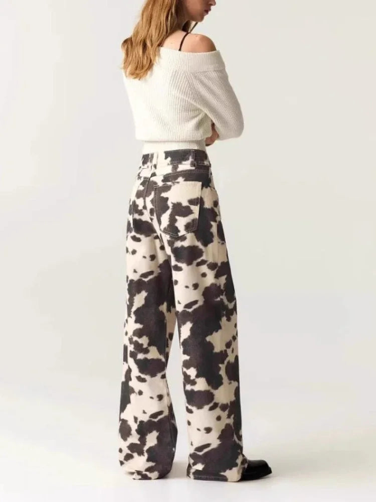 Lavisa - High Stretch Cow Print Wide Leg Denim Jeans
