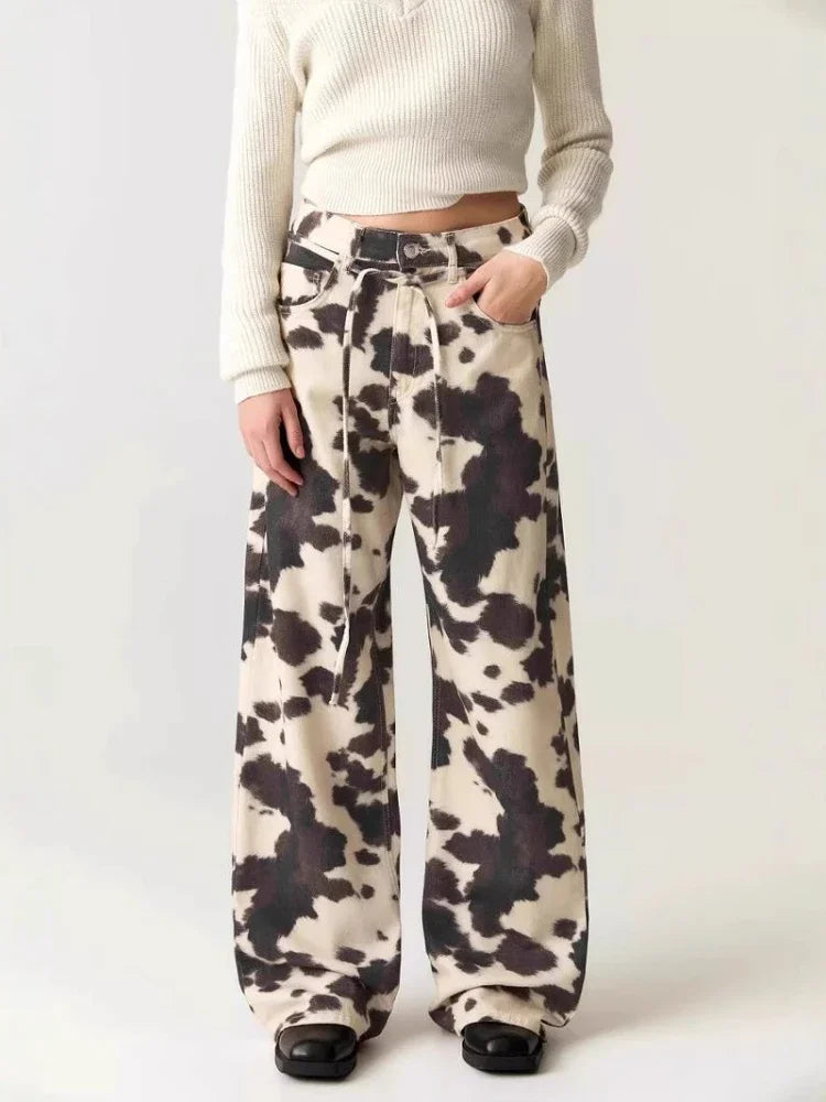 Lavisa - High Stretch Cow Print Wide Leg Denim Jeans