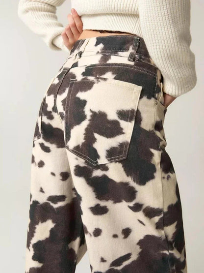 Lavisa - High Stretch Cow Print Wide Leg Denim Jeans