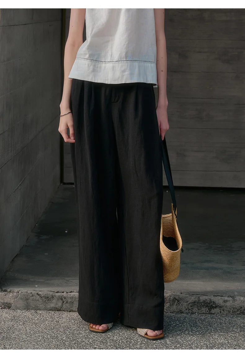 Lavisa - High Waisted Pleated Wide Leg Linen Pants