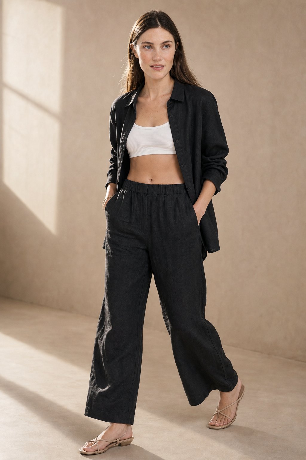 Lavisa - High Waisted Pleated Wide Leg Linen Pants