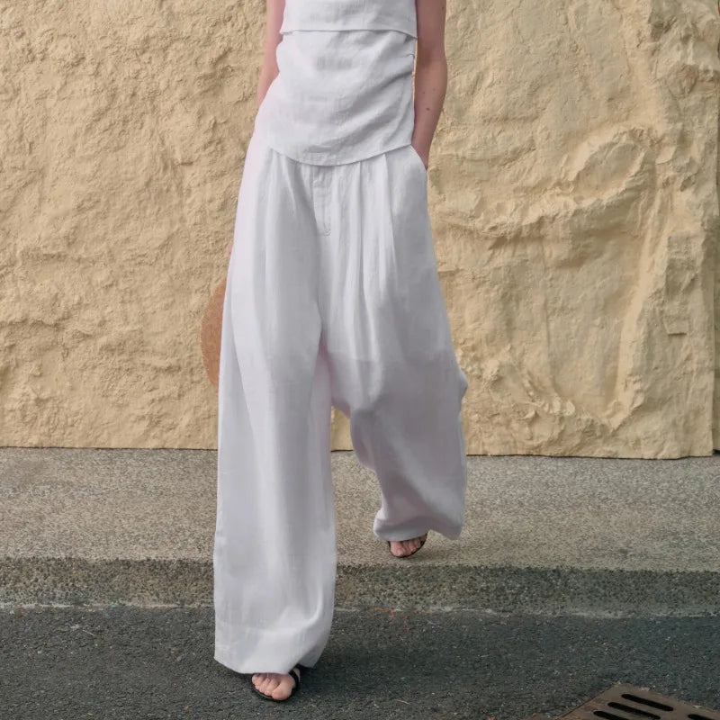 Lavisa - High Waisted Pleated Wide Leg Linen Pants
