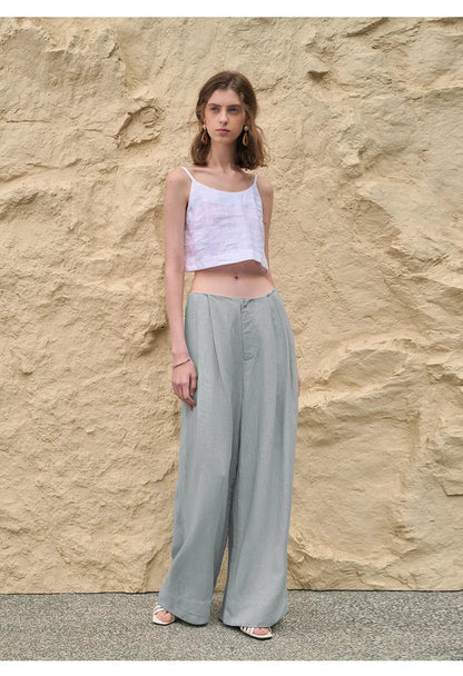 Lavisa - High Waisted Pleated Wide Leg Linen Pants