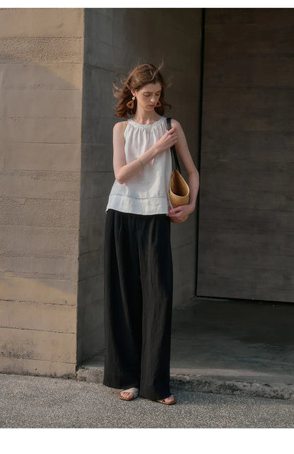 Lavisa - High Waisted Pleated Wide Leg Linen Pants