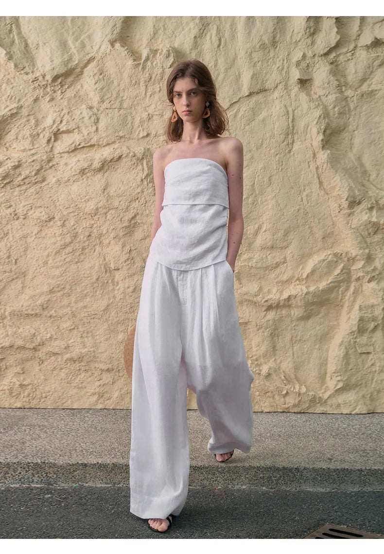 Lavisa - High Waisted Pleated Wide Leg Linen Pants