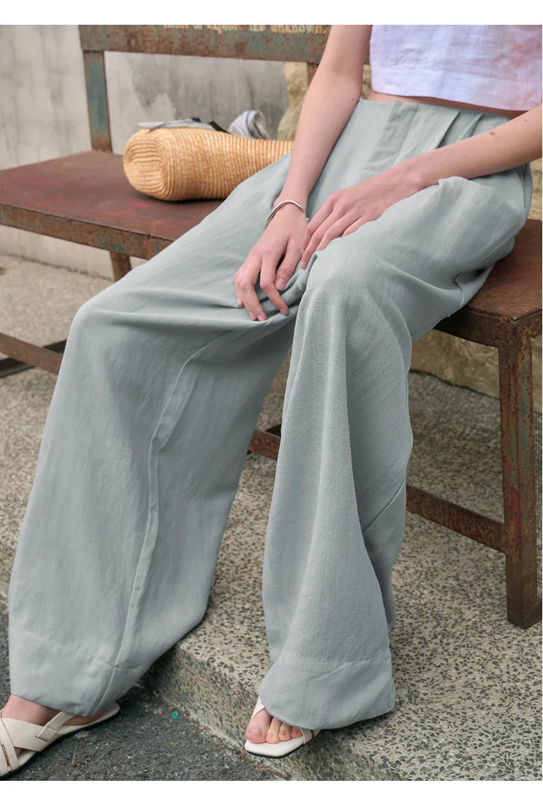 Lavisa - High Waisted Pleated Wide Leg Linen Pants