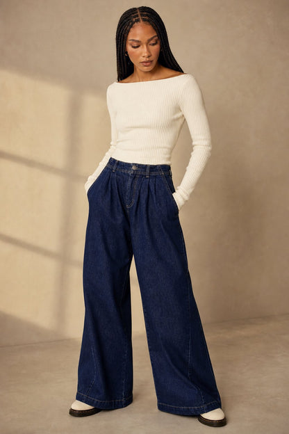 Lavisa - Pleated Wide Leg Denim Jeans