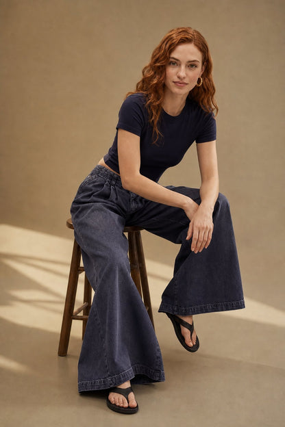 Lavisa - Pleated Wide Leg Denim Jeans