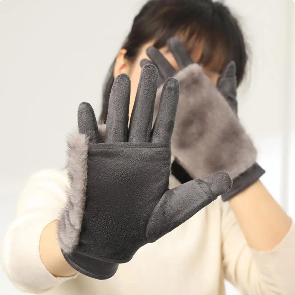 Lavisa - Suede Touchscreen Winter Gloves with Rabbit Fur Trim