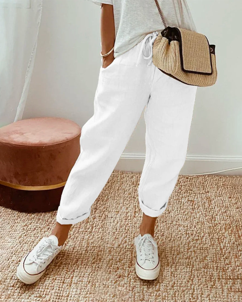 Lavisa - Women's High-Waisted Relaxed Fit Pants with Pockets