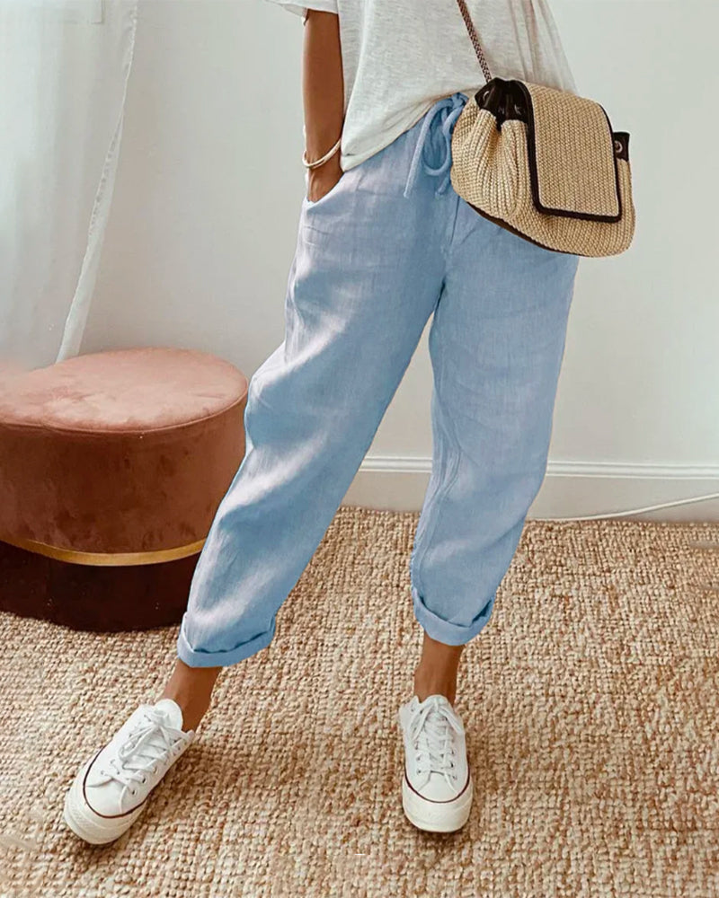Lavisa - Women's High-Waisted Relaxed Fit Pants with Pockets