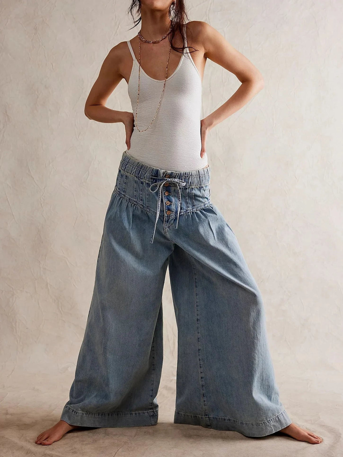 Lavisa - Womens Pull On Chambray Wide Leg Denim Pants