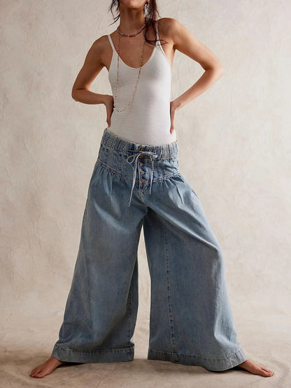 Lavisa - Womens Pull On Chambray Wide Leg Denim Pants