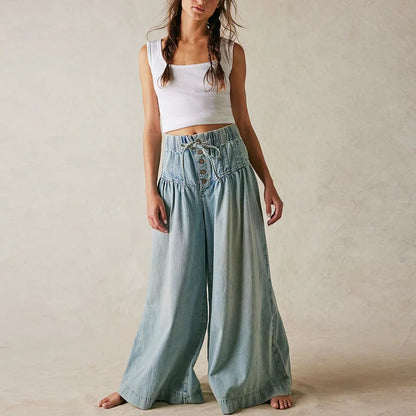 Lavisa - Womens Pull On Chambray Wide Leg Denim Pants