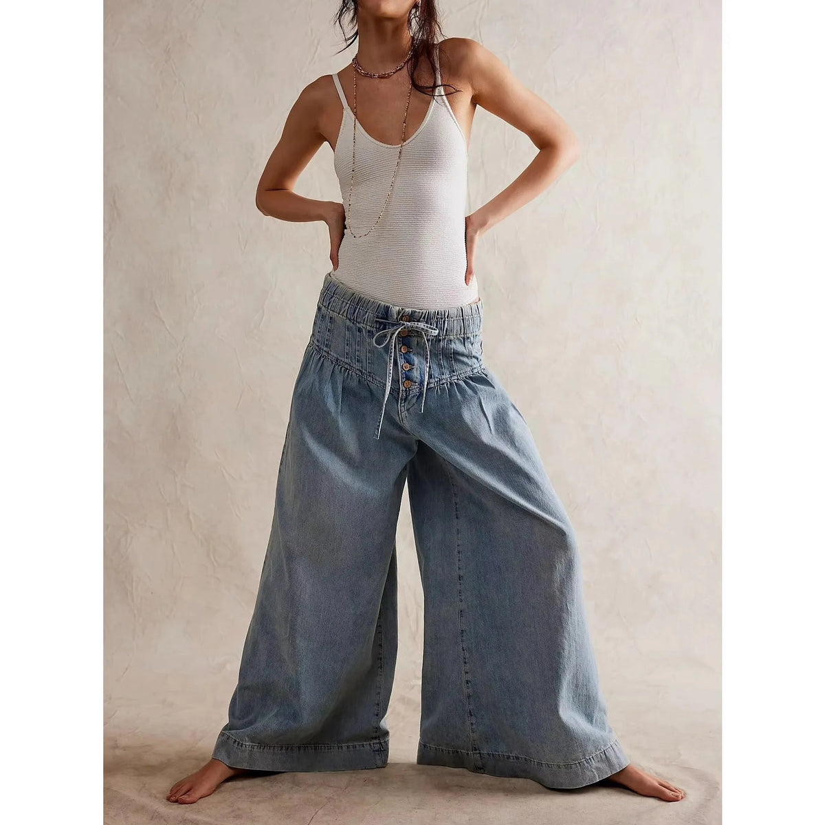 Lavisa - Womens Pull On Chambray Wide Leg Denim Pants