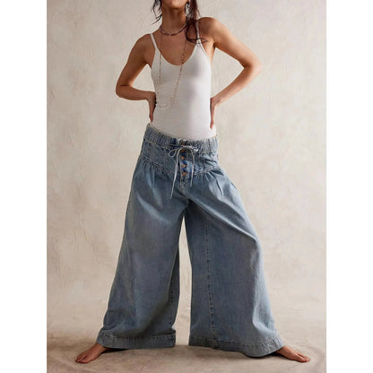Lavisa - Womens Pull On Chambray Wide Leg Denim Pants
