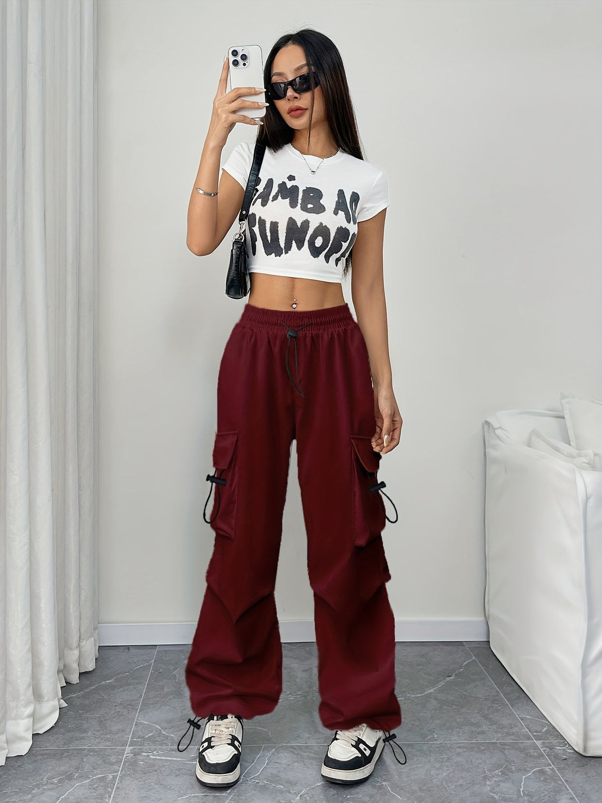 Lavisa - Womens Wide Leg Cargo Pants with Drawstring