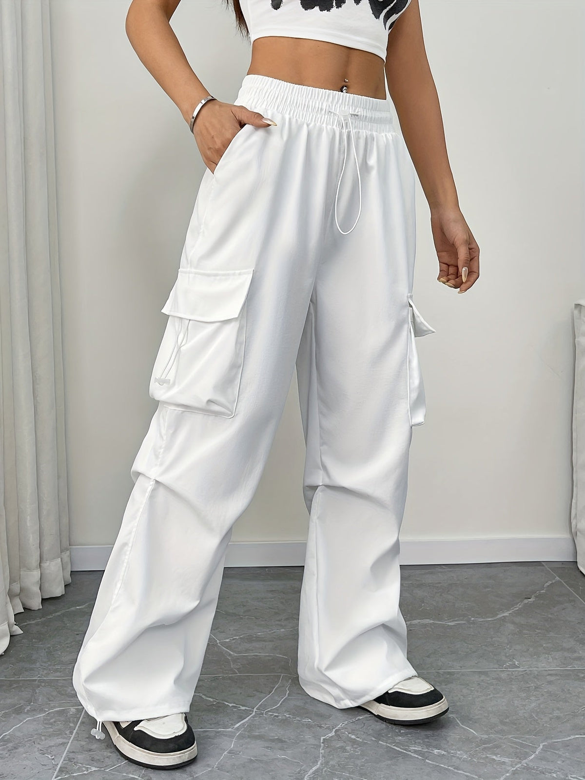 Lavisa - Womens Wide Leg Cargo Pants with Drawstring
