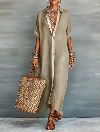 Maxi Shirt Dress Linen Blend Short Sleeve Minimalist - Front View | Lavisa
