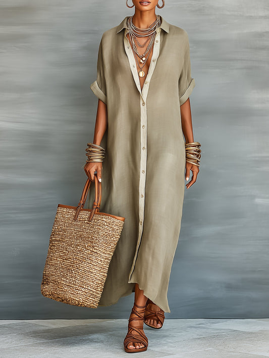 Lavisa - Maxi Shirt Dress Linen Blend Short Sleeve Minimalist