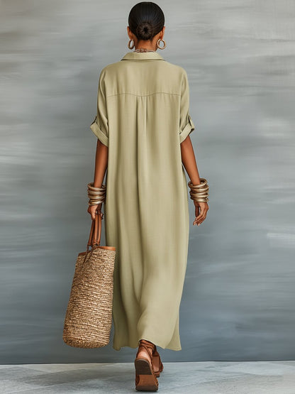 Maxi Shirt Dress Linen Blend Short Sleeve Minimalist - Side Angle | Lavisa