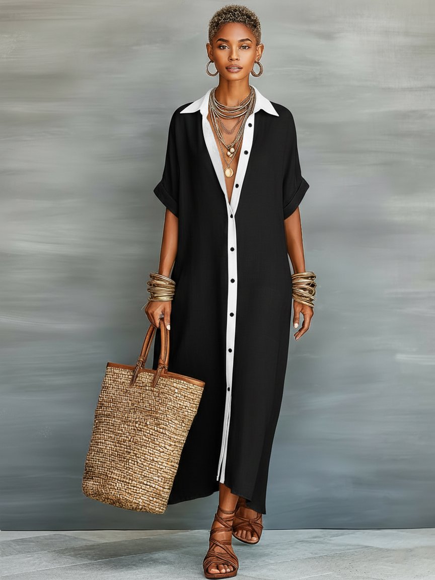 Maxi Shirt Dress Linen Blend Short Sleeve Minimalist - Back View | Lavisa