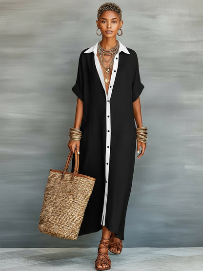 Maxi Shirt Dress Linen Blend Short Sleeve Minimalist - Back View | Lavisa