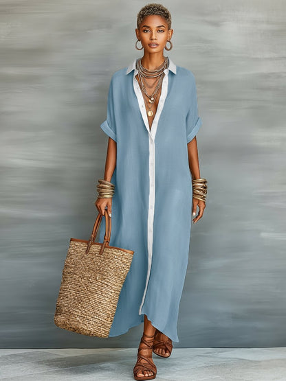 Maxi Shirt Dress Linen Blend Short Sleeve Minimalist - Close-Up Fabric Texture | Lavisa