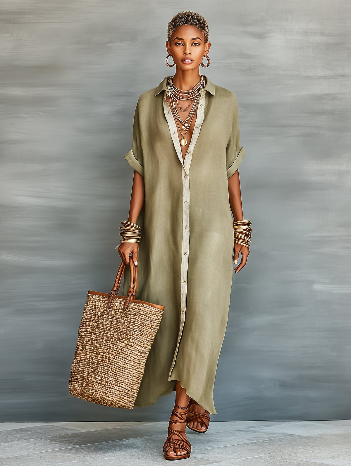 Maxi Shirt Dress Linen Blend Short Sleeve Minimalist - Detail & Stitching | Lavisa