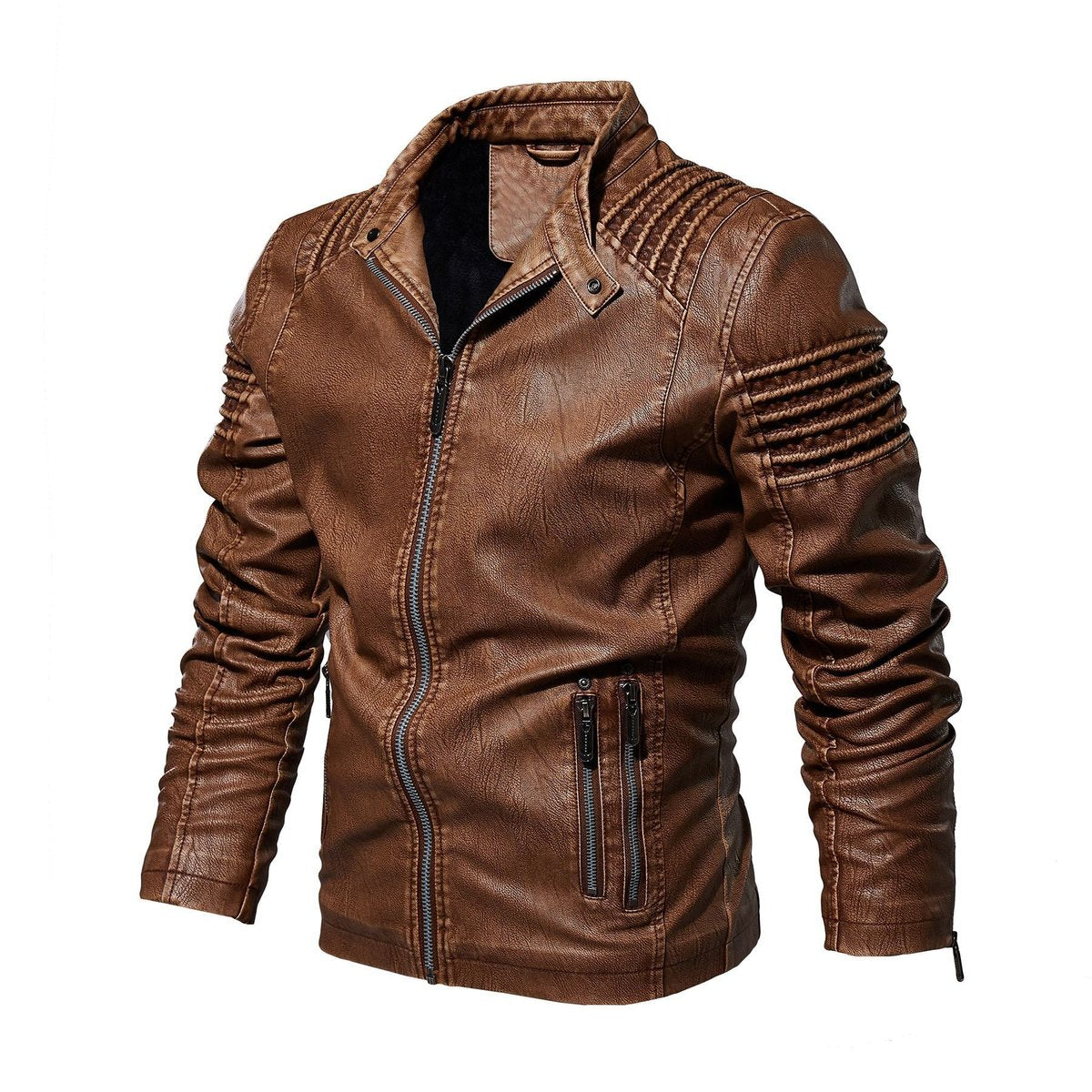 Men's Biker Faux Leather Jacket Structured Shoulder Zip-Up - Front View | Lavisa