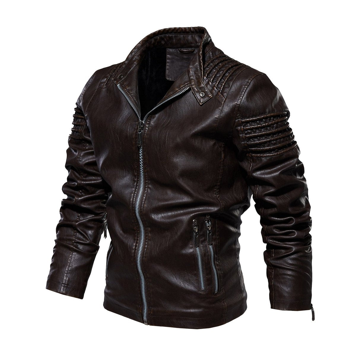 Men's Biker Faux Leather Jacket Structured Shoulder Zip-Up - Detail & Stitching | Lavisa