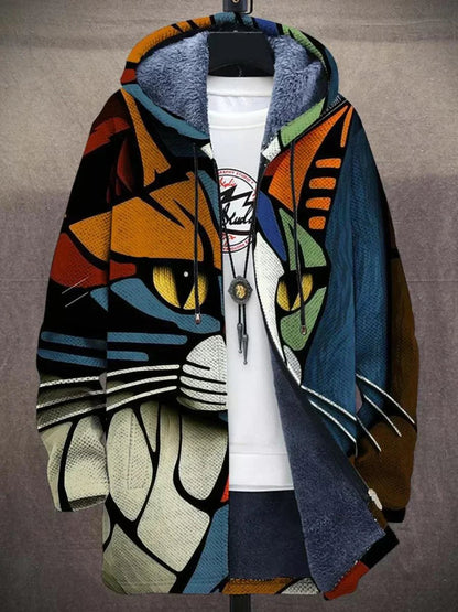 Mens Cardigan Fleece-Lined Zip-Up Abstract Art Print Hoodie - Sole & Material View | Lavisa