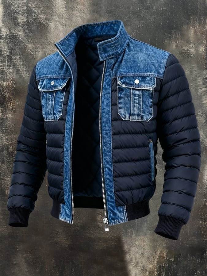 Lavisa - Men's Denim Bomber Jacket Padded Windproof Winter Outerwear