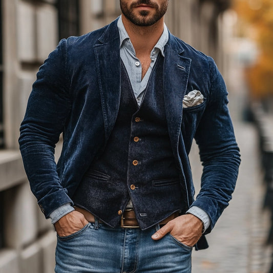 Mens Gilet Blazer Set Vintage Corduroy Wool-Blend Waistcoat Jacket - Front View | Lavisa
