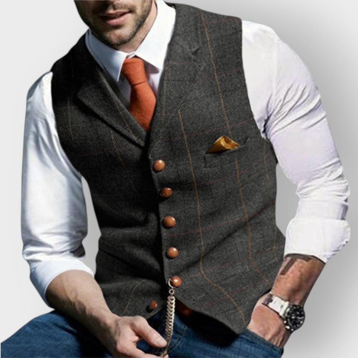 Mens Gilet Herringbone Tweed Waistcoat Buttoned Checked Vest - Side Angle | Lavisa