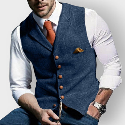 Mens Gilet Herringbone Tweed Waistcoat Buttoned Checked Vest - Back View | Lavisa