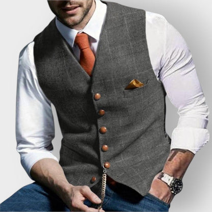 Mens Gilet Herringbone Tweed Waistcoat Buttoned Checked Vest - Close-Up Texture & Detail | Lavisa